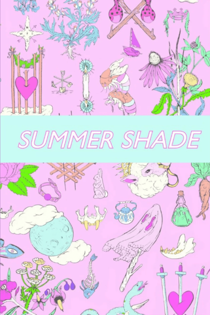 "Summer Shade cover, with numerous small illustrations of tarot imagery, insects, flowers, bindles, and other items, in colourful pastel against a pink background