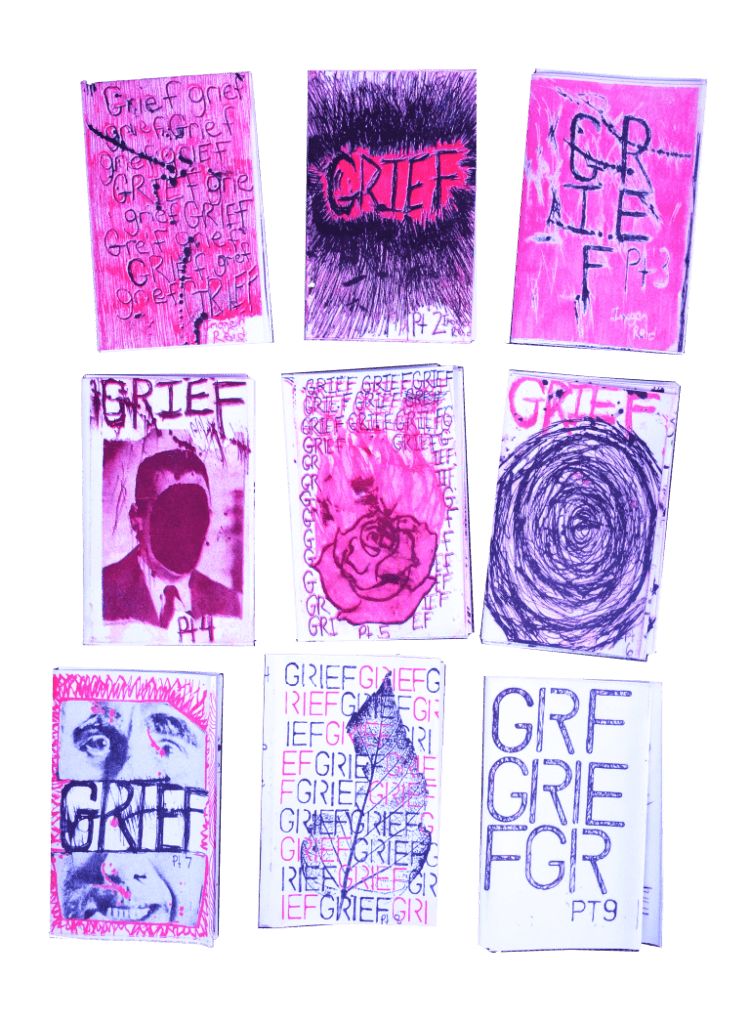 Nine Zines on Grief, Imogen Reid (riso-printed zine pack)