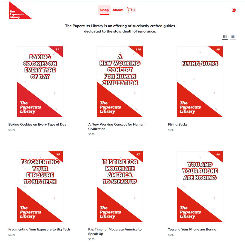 Screenshot from the Papercuts Library, showing 6 booklets that each have the same cover format