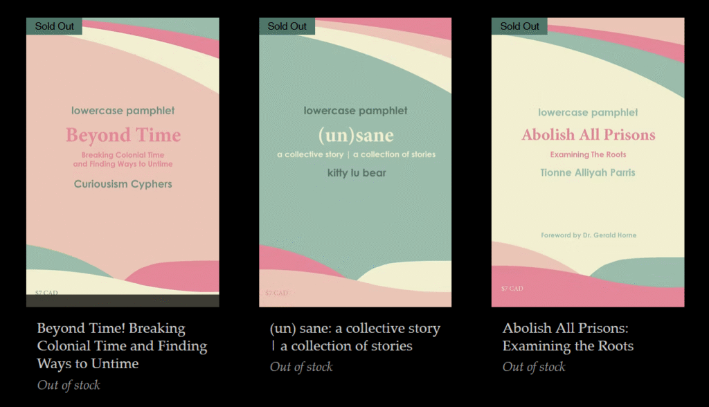 Screenshot of three lowercase pamphlets, with the same cover design in different colours