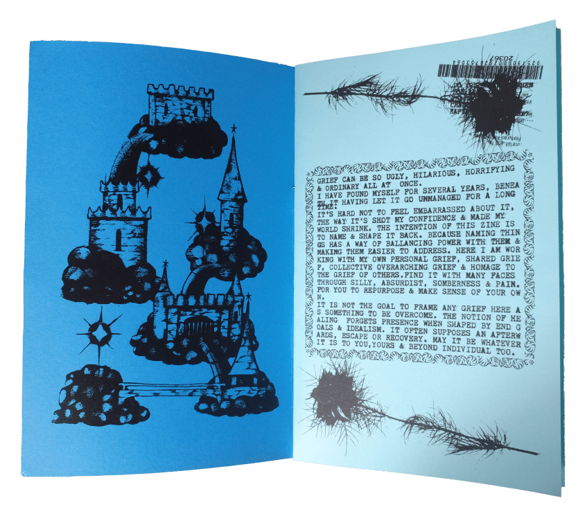 Grief Castle zine, open to its first page. The inside cover shows a series of castles on clouds connected by rainbows. the opposite page has a block of typewritten text surrounded by a border, with images of branches above and below.