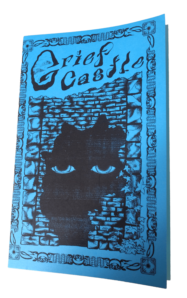 the cover of Grief Castle zine, printed on bright blue paper. the cover shows an ornate border with rainclouds in the G of the GRIEF CASTLE TITLE and a brick wall showing eyes in shadows of a broken entry way through it