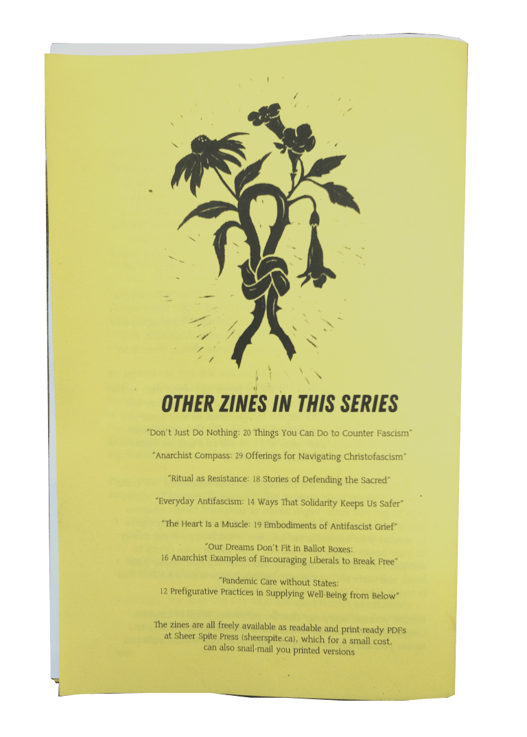 the zine "side by side: 16 insights into doing solid anti-repression work". the zine is printed on yellow paper and the cover illustration is a block print style image of flowers with intertwined spiky stems.