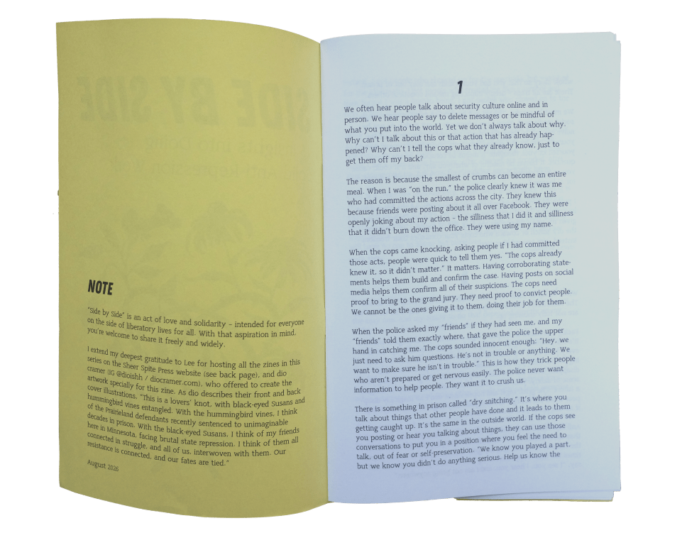 the zine "side by side: 16 insights into doing solid anti-repression work".